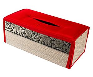 CCcollections Handmade Stylish Reed Tissue Box, 100% Cotton Handcrafted with Satin Trim Sheath Cover Holder Dispense made from Natural Eco-Friendly Materials - (Red)