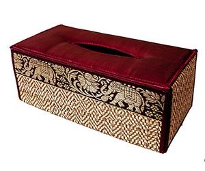 CCcollections Handmade Stylish Reed Tissue Box, 100% Cotton Handcrafted with Satin Trim Sheath Cover Holder Dispense made from Natural Eco-Friendly Materials - (Red Burgundy)