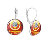 CCCP USSR Soviet Sickle Hammer Glass Art Photo Earrings Russia Communism Emblem Statement Hook Earrings Handmade Jewelry