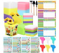 CCCYMM 24 Set Garden Flower Pot Craft Kit Plastic Seedling Nursery Pots and 3 Small Garden Tools Plants Labels Growth Charts Flowers Stickers for Kids Gardening DIY Spring Growing Crafts