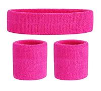 CCHAMP Hot pink headband sweatbands and wristbands set, 80's fancy dress for women neon clothing 80s accessories, 1980s costumes outfits for girls, 80s fun run teams cosplay