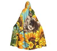 Cchgkpd Cow With Sunflowers In Blue Print Hooded Cloak Renaissance Style Halloween Cosplay Costume Medieval Hooded Robe For Men And Women