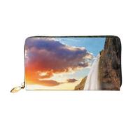 cchgnm Iceland Waterfall River Field Sunset Print Classic Leather Long Clutch Wallet,Stylish Men'Sand Women's Wallet with Zipper and Multiple Card Slots.