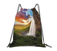 cchgnm Iceland Waterfall River Field Sunset Print Lightweight And Foldable Drawstring Gym Bag,Multi-Functional Sports Yoga Travel Storage Bag