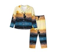 cchgnm Landscape Deer Print Soft Long-Sleeved Pajamas,Ladies Pajamas Suits Black