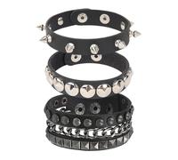 ccHuDE 3 Pcs PU Leather Wide Strap Bracelets Vintage Punk Bracelets Black Cuff Wristbands Wide Studded Bracelets Adjustable Wrist Bracelets for Halloween Party