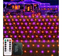 CCILAND 1.5M x 1.5M Halloween Net Lights Battery Operated, 100 LED Purple Orange Net Lights Outdoor with Remote 8 Modes Timer Black Wire Mesh String Lights for Bush Garden Fence Patio Decor