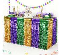 CCINEE 4 Packs Mardi Gras Fringe Table Skirt Party Decorations, 36ft Purple Green Gold Wavy Metallic Tinsel Foil Carnival Table Skirts For Mardi Gras Carnival Holiday Masquerade Party