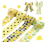 CCINEE 4 Rolls Wired Edge Ribbons with Lemon,2.5 Inch×26 Yards Yellow Satin with Lemon Polka Dot Stripe Plaid Check for Wreath Floral Arrangements Crafts Wrapping Supplies DIY Hair Bow