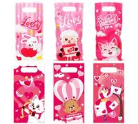 CCINEE 48 Pcs Valentine's Day Treat Bags with Handle, Cute Plastic Candy Bags in 6 Pink Cartoon Design for Valentine Party Favor Supplies Gift Goodie Bag Container