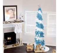 CCINEE 5ft Pop Up Tinsel Christmas Tree,Battery Operated Narrow Christmas Tree Blue and White Artificial Pencil Xmas Trees Collapsible Christmas Decor for Home Office Doorway Porch