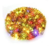 CCINEE Christmas Prelit Tinsel Garland, 33 Ft Golden Hanging Garland with 100 Multicolored Battery Operated LED String Lights for Christmas Tree Decoration Party Supplies