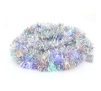 CCINEE Christmas Prelit Tinsel Garland, 33 Ft Silver Hanging Garland with 100 Multicolored Battery Operated LED String Lights for Christmas Tree Decorations Wedding Party Supplies