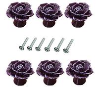 Ccipotatoo 6 Pcs Rose Flower Shape 40mm Ceramic PullHandle, Cupboard Door Knobs, Wardrobe Cabinet Drawer Cupboard Kitchen Closet Box Bin Shutters Cabinets Knobs Handle Pull (Purple)