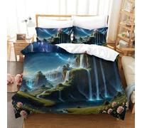 CCIZFMQ 3 Pcs 3D Print Floating Castle Quilt Cover Waterfall Microfiber with Zipper Closure for Kid Teens Boys And Girls Bedroom Super King(260x220cm)
