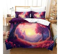 CCIZFMQ 3D Print Pink Autumn Forest Bedding Set Setting Sun with Hidden Zipper for Kid Teens Boys And Girls Bedroom Decor Super King(260x220cm)