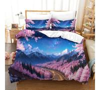 CCIZFMQ 3D Print Sakura Mountain Road Bedding Set Starry Night Scene with Hidden Zipper Microfiber for Kid Teens Boys And Girls Bedroom Dorm Decor Single(140x200cm)
