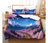 CCIZFMQ 3D Print Sakura Mountain Road Duvet Cover Set Bedding Set Starry Night Scene with Pillow Cases Hidden Zipper for Kid Teens Boys And Girls Double(200x200cm)