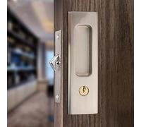 CCJH Privacy Pocket Door Lock Hardware with Key, Pocket Door Lock Handle Invisible Wooden Barn Door Latch, Interior Privacy Furniture Hardware Brushed Nickel Silver 1 Pack