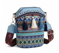 CCJHLYX Woven Boho Bucket Bag, Tribal-inspired Crossbody with Colourful Tassels, Geometric Pattern Shoulder Bag for Women, Handmade Artisan Handbag, Compact Size with Adjustable Strap (Blue)