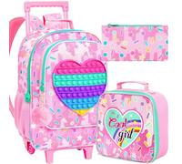 CCJPX 18" Rolling Backpack for Girls, Kids Roller Wheels Elementary Preschool School Bookbag and Lunch Box, Love Pink, One Size