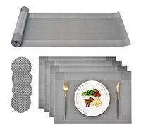 CCKOLE Placemats PVC Washable, Dining Table Mats Set Tear-proof Heat Resistant, 4 x Place Mats 4 x Coasters and 1 x Table Runner for Kitchen, Restaurant, Hotel, Cafe (Grey)