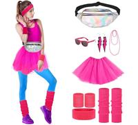 Cckuu Hot Pink 80s Fancy Dress for Women & Girls: Waterproof Bumbag, Headband, Wristbands, Leg Warmers, Earrings, Sunglasses & Accessories for Neon 80s Fun Run Teams