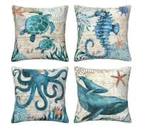 CCOCND Coastal Blue Throw Pillow Covers 18 x 18 Inch Sea Turtle Seahorse Octopus Shark Beach Decorative Pillow Cases Ocean Nautical Cushion Covers for Sofa Bed Home Decor Set of 4