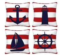 CCOCND Set of 4 Summer Beach Throw Pillow Covers 18x18 Red and White Stripe Coastal Ocean Anchor Pillow Cover Couch Decorative Outdoor Square Pillow Cushion Cases for Living Room Sofa Bed Home Decor