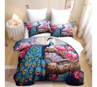 CCoutueChen Blue Peacock Comforter Set King Size Pink Floral Comforter Kids Boys Girls Women Western Animal Peacock Soft Bedding Set (1 Comforter, 2 Pillowcases)
