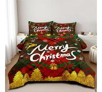 CCoutueChen Christmas Comforter Set Queen Size Red Green Xmas Gingham Bedding Set Gold Tree Plaid Decor Bedding Super Soft Down Comforter with 2 Pillowcases