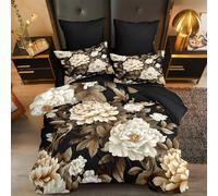 CCoutueChen Dark Romantic Botanical Floral Bedding Set Queen Size, Black & Cream Peony Design, 3 Pieces Gothic - Inspired Bedroom Decor /90 * 90