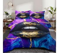 CCoutueChen Lips Comforter Queen Black Gold Sexy Lip on Blue Purple Marble Comforter Set 3D Romantic Mouth Print Bedding Set Modern Stylish Bedding for Women Men Soft Lightweight 90x90 Comforter Sets