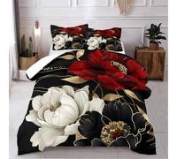 CCoutueChen Vintage Floral Comforter Set King Size Red Black White Botanical Flower Bedding Set 3 Piece Gold Leaf Bedding for Women Elegant Flowers Comforters Soft Down Alternative Comforter Sets