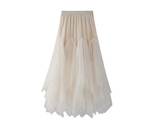 CCSYUS Women's Tulle Skirt Tiered Layered Mesh Pleated High Waist Ballet Prom Party Tutu A-line Midi Vintage Casual Asymmetric Ivory