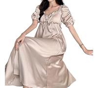 CCTUNG Female Nightgown Elegant Palace Style Princess Long Nightgown Sleepwear Summer Short Sleeve Sleepshirt Satin Silk Home Dress-Champagne Nightdress,M