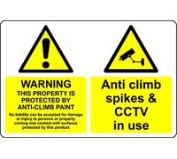CCTV security Warning this property is protected by anti-climb paint and anti climb spikes safety sign - Self adhesive sticker (300mm x 200mm)