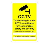 CCTV this building in under CCTV surveillance sign - 1.2mm Rigid plastic for indoor/outdoor usage (300mm x 200mm) Viewing Distance within 7m.
