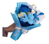 CCUUHJ Handmade Crochet Flower Bouquet, Mixed Floral Arrangement with Tulips, Lily, Daisy, Eucalyptus,Decorative Gift for Teachers,Women,Fathers Day Dad Gifts from Daughter Son (Blue)
