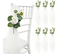 CCUUHJ Wedding Aisle Decorations for Ceremony Set of 6,Chair Pew Flowers Church Decorations with Artificial White Roses Flowers Eucalyptus Stem Rhinestone for Party Bench Pew Aisle Decor (White)