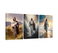 CCWACPP 3 Piece Christian Wall Art Jesus Walking on the Beach Picture Jesus Christ Posters Religious Canvas Prints God Portrait Wall Decor Framed (D, (28x35cmx3))