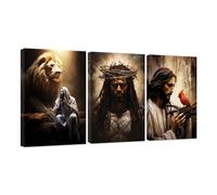 CCWACPP 3 Piece Christian Wall Art Jesus With Animals Picture Jesus Christ Posters Religious Canvas Prints God Wall Decor for Home Living Room Framed (B, (28x35cmx3))