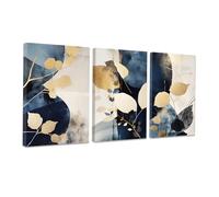 CCWACPP 3 Piece Leaf Wall Art Abstract Pictures Modern Canvas Print Navy Blue Beige Gold Wall Decor For Kitchen Bedroom Living Room Office Home Framed (A, (28x35cmx3))