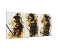 CCWACPP 3 Piece Samurai Wall Art Japan Painting Canvas Print Warrior Figure Pictures Bushido Posters Japanese Culture Theme Artwork Home Room Decor Framed (B, (28x35cmx3))