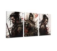 CCWACPP 3 Piece Samurai Wall Art Japan Painting Canvas Print Warrior Figure Pictures Bushido Posters Japanese Culture Theme Artwork Home Room Decor Framed (A, (28x35cmx3))