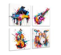 CCWACPP 4pcs Music Canvas Wall Art Piano Drum Guitar Violin Set Pictures Music Themed Wall Decor Colorful Musical Instruments Painting Prints Framed (40x40cmx4)