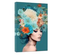CCWACPP Abstract Girl Portrait Wall Art Woman with Flowers on Head Picture Canvas Print for Girl Bedroom Living Room Decor Framed (Woman - 3, 16.00" x 24.00")
