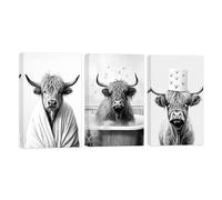 CCWACPP Bathroom Animal Wall Art Set of 3 Funny Black and White Highland Cattle Canvas Print Cow Pictures Wall Decor On Toilet Poster Framed (28x35cmx3, Cow - 1)