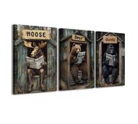CCWACPP Bathroom Wall Art set of 3 Rustic Outhouse Bathroom Decor Funny Bear Moose Gorilla Pictures Canvas Prints Wildlife on Toilet Poster Framed (40x60cmx3)