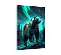 CCWACPP Bear Wall Art Northern Lights Aurora Pictures Wild Animal Painting Nature Landscape Canvas Print Large Living Room Office Home Decor Framed (B, (50.00 x 75.00 cms))